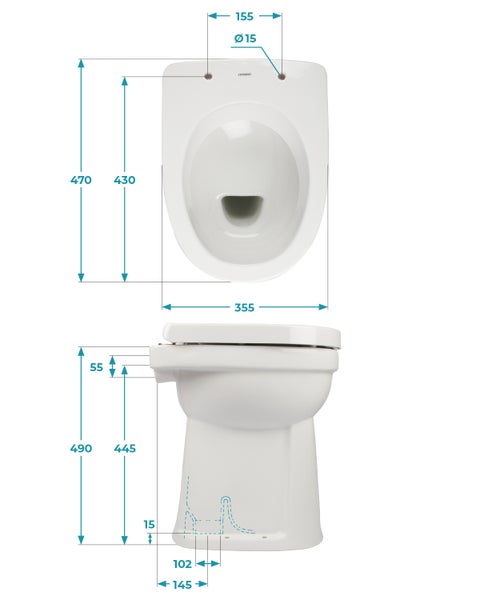 Technische Zeichnung eines Stand-WCs mit Maßangaben