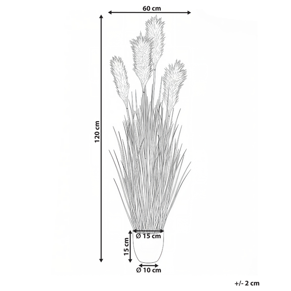 Abbildung einer Kunstpflanze mit den Maßen 120 cm Höhe und 60 cm Breite