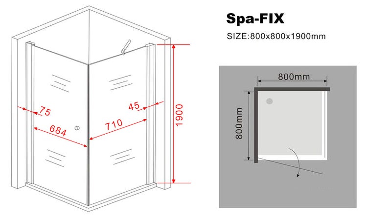 Technische Zeichnung einer Spa-Fix Duschkabine mit den Maßen 800x800x1900 mm.