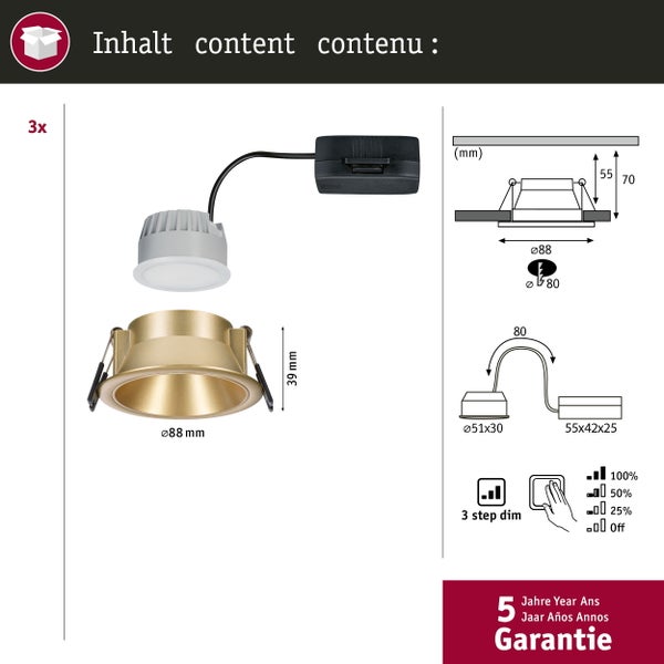 Set LED Einbauleuchte Cole IP44 88mm 2700K 3x6W 3x470lm 230V Gold matt Kunststoff, Alu Zink