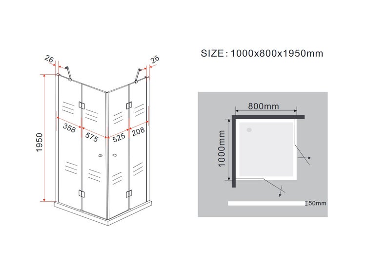 Technische Zeichnung einer Eckdusche mit Maßangaben 1000x800x1950 Millimeter.