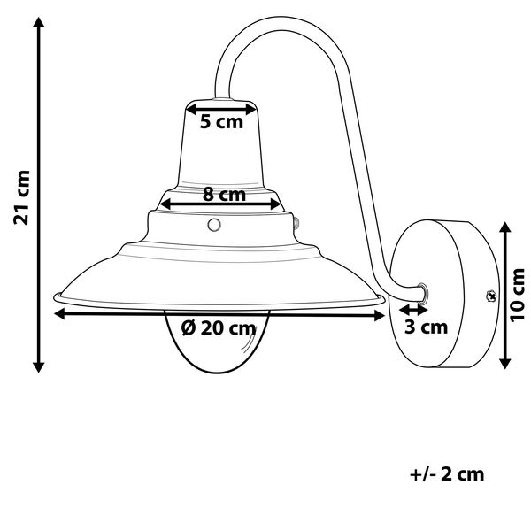 Technische Zeichnung einer Wandleuchte mit den Maßen 21 cm Höhe und 20 cm Durchmesser