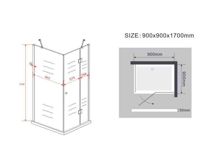 Technische Zeichnung einer Duschkabine mit den Maßen 900x900x1700 mm