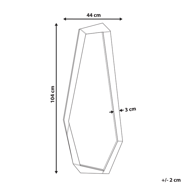Skizze eines Spiegels mit den Maßen 104 mal 44 mal 3 Zentimeter