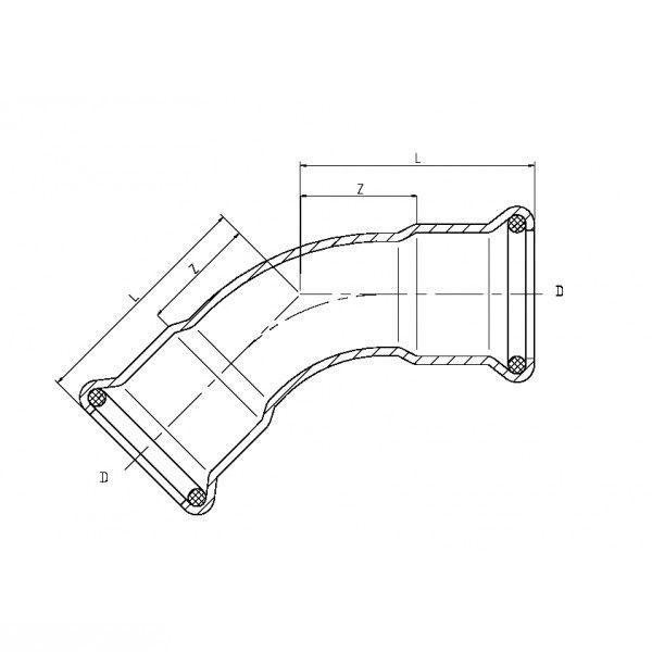 Technische Zeichnung eines Rohrkrümmers mit Maßangaben