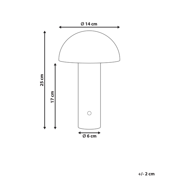 Technische Zeichnung einer Pilzlampe mit den Maßen 25 cm Höhe und 14 cm Durchmesser des Lampenschirms