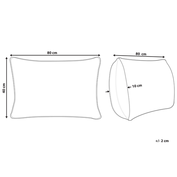 Skizze eines Kissens mit Maßangaben: Breite 80 Zentimeter, Höhe 40 Zentimeter, Tiefe 10 Zentimeter, Abweichung plus minus 2 Zentimeter.
