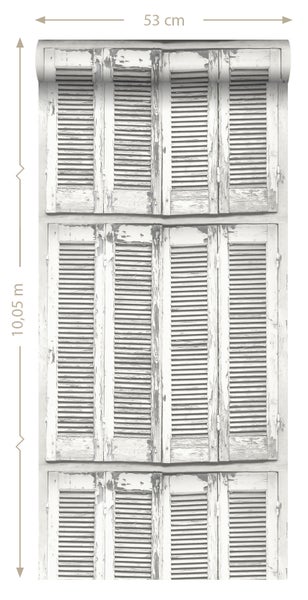 ESTAhome Tapete verwitterte, französische, vintage Fensterläden Hellgrau und Weiß - 53 cm x 10.05 m - 138882