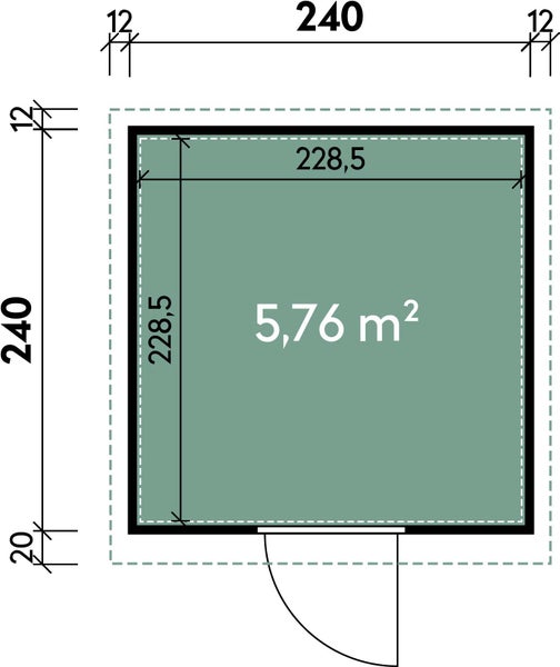 Grundrisszeichnung eines Gartenhauses mit Außenmaßen von 240 mal 240 Zentimeter und einer Grundfläche von 5,76 Quadratmetern.