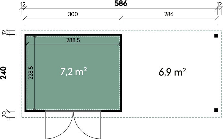 Grundrisszeichnung eines Gartenhauses mit Terrasse inklusive Maßangaben in Zentimetern und Flächenangaben in Quadratmetern.
