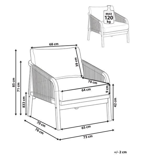 Abmessungen eines Garten-Loungesessels: Höhe 85 Zentimeter, Breite 73 Zentimeter, Tiefe 76 Zentimeter. Maximale Belastbarkeit 120 Kilogramm.