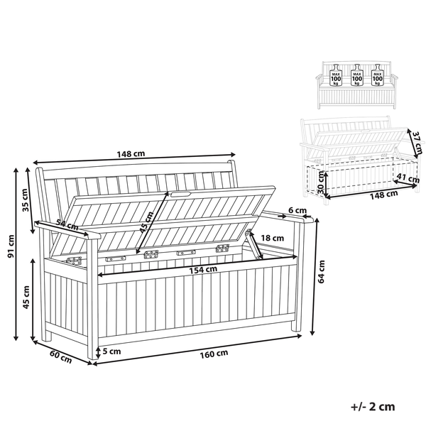 Technische Zeichnung einer Gartenbank mit Stauraum mit Maßen in Zentimeter, 160 mal 60 mal 91 Zentimeter, maximale Belastbarkeit 300 Kilogramm.