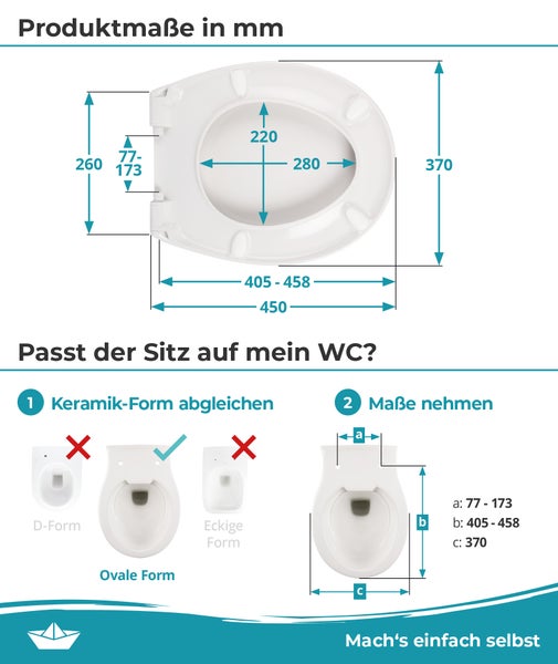 Calmwaters® WC Sitz Original einfache Montage, Premium Toilettendeckel bis 250 kg, Made in EU, aus antibakteriellem Duroplast, doppelte Absenkautomatik, 2 Montage Optionen, abnehmbar, Klobrille, oval, Weiß