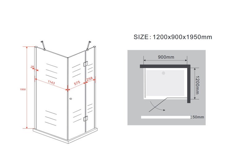 Technische Zeichnung einer Eckdusche mit Maßen 1200x900x1950 Millimeter.