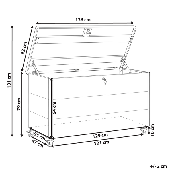 Technische Zeichnung einer Gartenbox mit Maßen und Rollen, zur Aufbewahrung von Gartenutensilien.