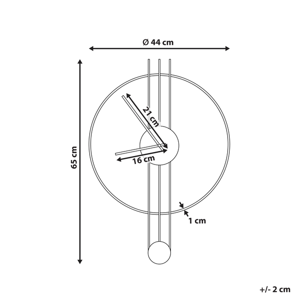 Maßzeichnung Wanduhr mit Pendel: Höhe 65 Zentimeter, Durchmesser 44 Zentimeter, Zeiger 21 und 16 Zentimeter, Rahmen 1 Zentimeter.