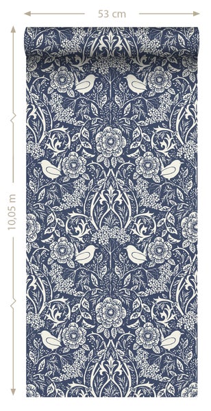 ESTAhome Tapete Blumen und Vögel im Jugendstil Dunkelblau - 50 x 900 cm - 139435