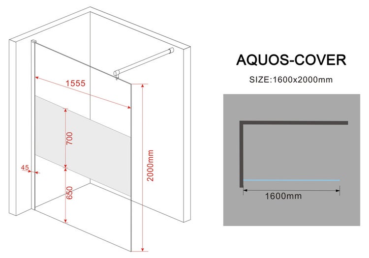 Technische Zeichnung einer Aquos-Cover Duschwand mit den Maßen 1600 x 2000 Millimeter.