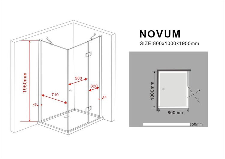 Technische Zeichnung einer Novum Dusche mit den Maßen 800x1000x1950 Millimeter