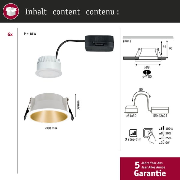 LED Einbauleuchte 3-Step-Dim Cole Coin 6er-Set IP44 rund 88mm Coin 6x6W 6x460lm 230V dimmbar 2700K Weiß, Gold matt