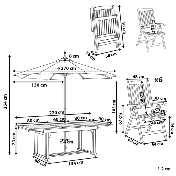Technische Zeichnung einer Gartenmöbel-Garnitur mit Tisch, sechs Klappstühlen und Sonnenschirm mit Maßangaben in Zentimetern.