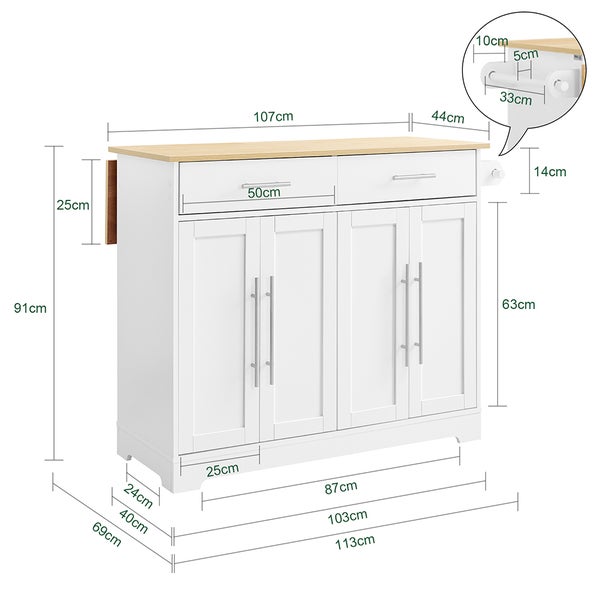 Küchenschrank mit Schubladen, Türen und Maßen.