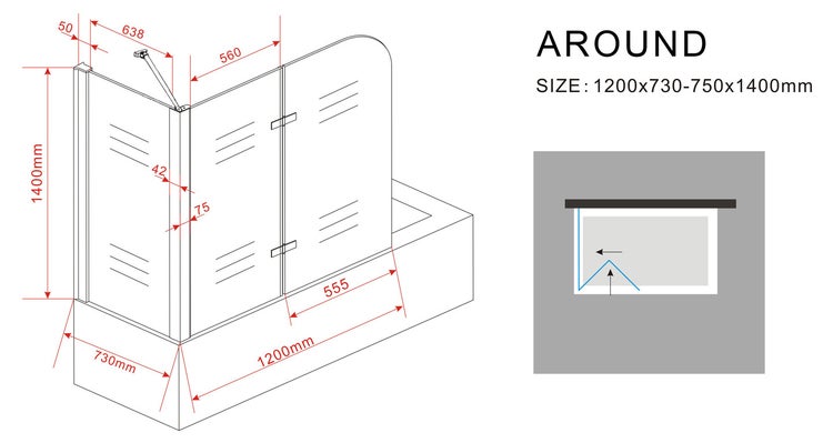 Technische Zeichnung Duschabtrennung mit Maßangaben