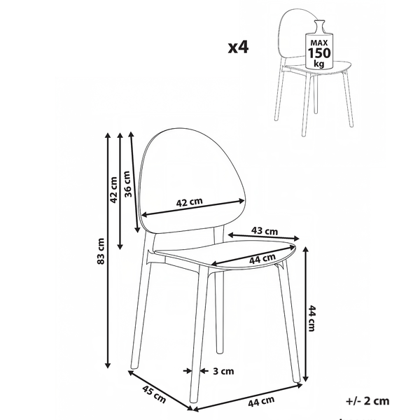 Maßzeichnung eines Stuhls im 4er Set mit Maßen: Höhe 83 Zentimeter, Sitzhöhe 44 Zentimeter und einer maximalen Belastbarkeit von 150 Kilogramm.