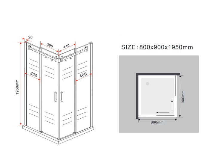 Technische Zeichnung einer Eckdusche mit den Maßen 800x900x1950 Millimeter