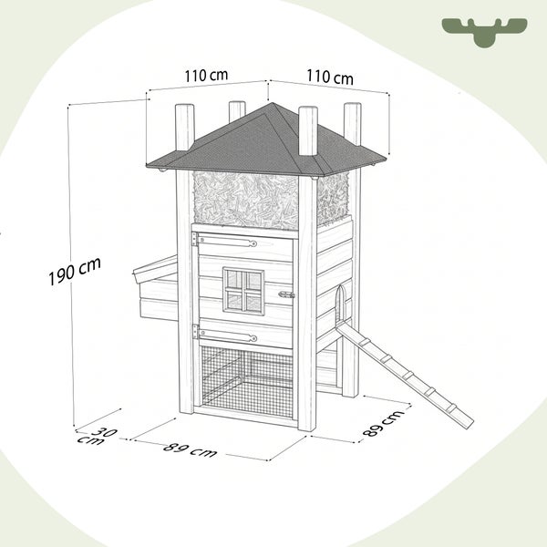 Illustration eines Hühnerhauses mit den Maßen 190 cm Höhe, 89 cm Breite und 30 cm Tiefe.