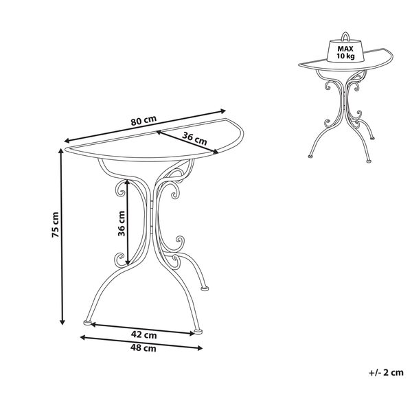 Technische Zeichnung Gartentisch mit Maßangaben und maximaler Belastbarkeit von 10 Kilogramm.