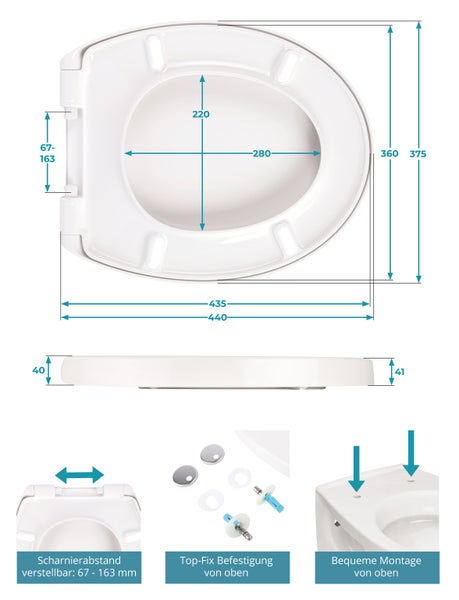 Calmwaters® WC Sitz Modern Soft mit Absenkautomatik, antibakterieller WC Deckel überlappend, abnehmbar, Duroplast Toilettensitz oval, universale O-Form, Top-Fix, Edelstahlscharnier, Weiß