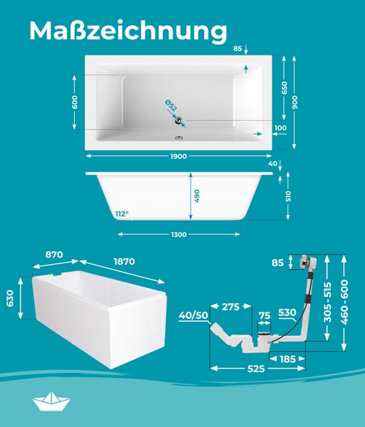 Maßzeichnung einer rechteckigen Badewanne mit Detailangaben in Millimeter für Außenmaße, Innenmaße, Tiefe und Ablaufgarnitur.