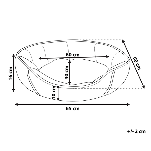 Kleiner Hund in einem ovalen, grauen Hundebett aus Stoff mit Plüschkissen in einem hellen, modern eingerichteten Zimmer mit Holzboden.