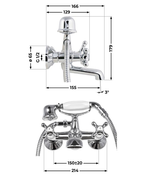 aquaSu® Zweigriffmischer Athenas für Wanne inklusive Brausegarnitur | Wasserhahn Retro | Umsteller Badewannenarmatur | Wannenbatterie | Nostalgische Zweigriffarmatur | Kreuzgriffe | Chrom | 768023
