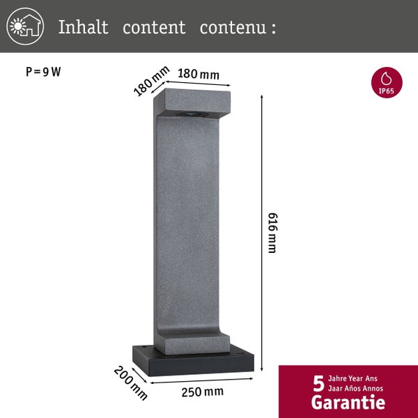 LED Pollerleuchte Concrea IP65 616mm 3000K 6,8W 200lm 230V Schwarzer Sandstein Beton