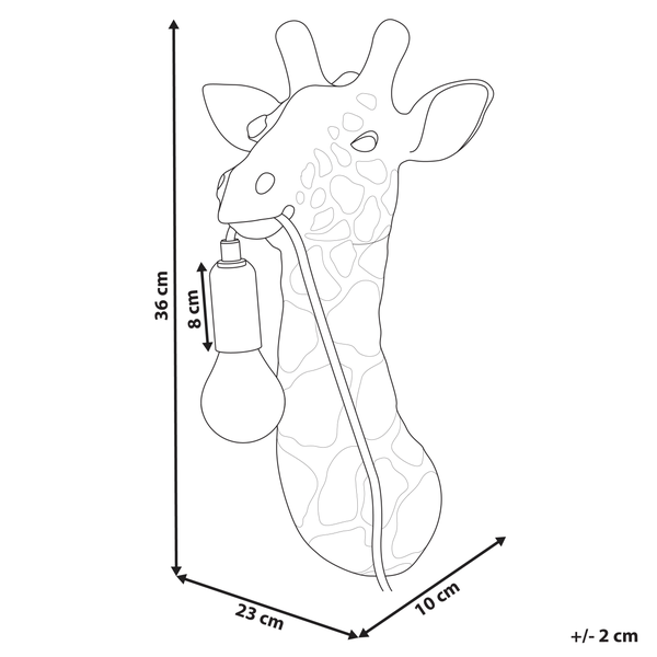 Skizze einer Wandleuchte im Giraffendesign mit den Maßen 36 mal 23 mal 10 Zentimeter