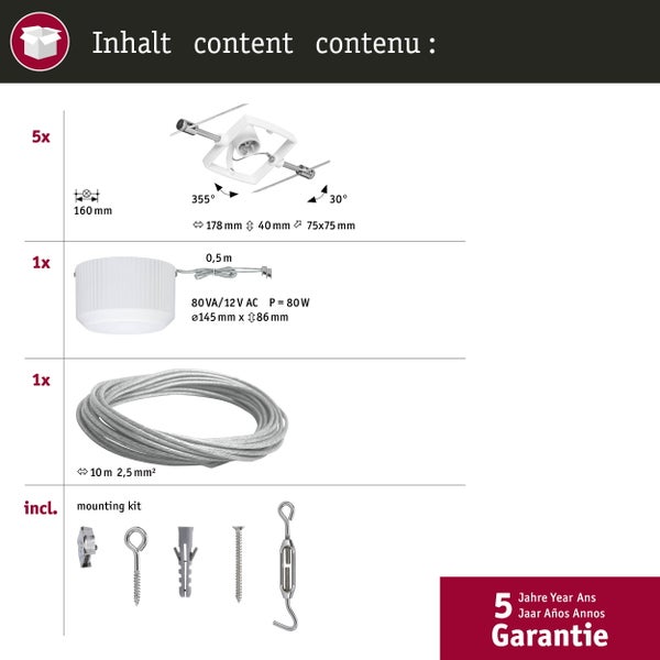 Seilsystem Mac II Basisset GU5,3 max. 5x10W dimmbar 230/12V Weiß