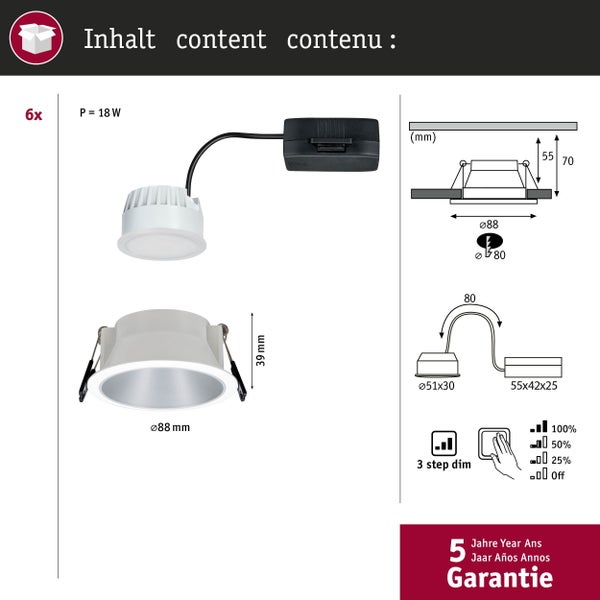 LED Einbauleuchte 3-Step-Dim Cole Coin 6er-Set IP44 rund 88mm Coin 6x6W 6x470lm 230V dimmbar 2700K Weiß, Silber matt