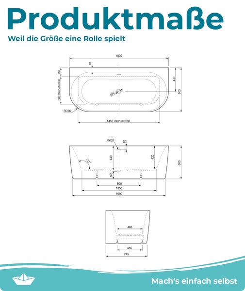 Calmwaters Vorwand-Badewanne 180x80 cm Komplettset Seamless Comfort, fugenloses Design, vormontiert mit Schürze & Ablaufgarnitur, Made in EU, Acryl, 02SL6220
