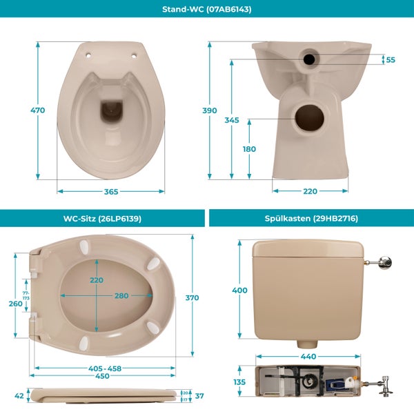 Calmwaters® Spülrandloses Stand WC mit waagerechtem Abgang, Komplettset mit Aufputz-Spülkasten und WC Sitz in Bahamabeige-Beige, Tiefspüler aus Sanitärkeramik, WC Sitz mit Absenkautomatik, 99000181