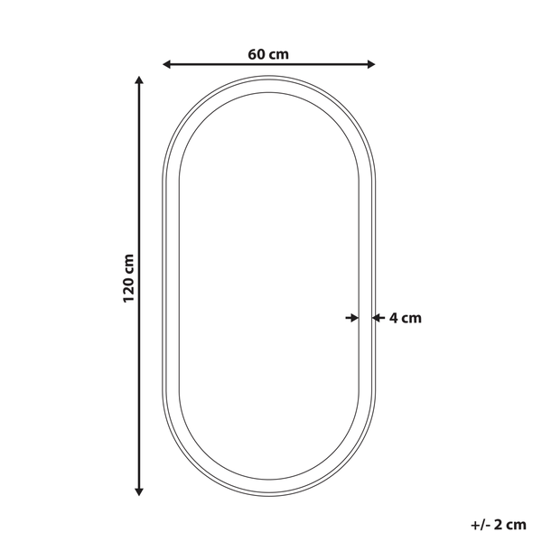 Ovaler Wandspiegel mit Maßen: Höhe 120 Zentimeter, Breite 60 Zentimeter, Rahmendicke 4 Zentimeter, Toleranz plus minus 2 Zentimeter.