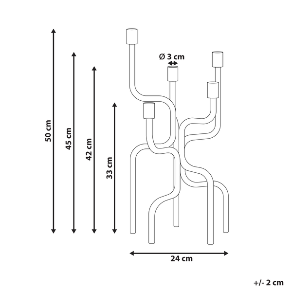 Abmessungen eines Kerzenständers mit fünf Armen: 50 cm, 45 cm, 42 cm und 33 cm hoch, 24 cm breit und 3 cm Durchmesser für die Kerzen.