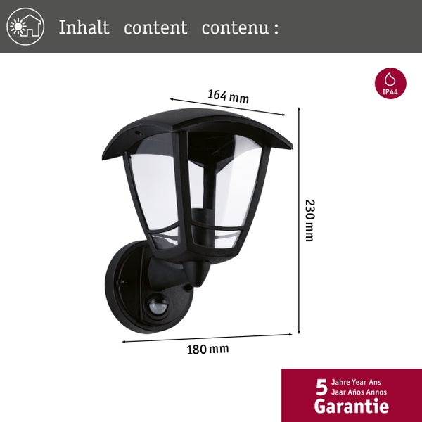 Außenwandleuchte Classic Curved Dämmerungsgesteuerter Bewegungsmelder (IR) IP44 eckig 164x180mm max. 12W 230V Schwarz Kunststoff