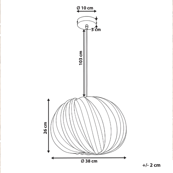 Maßzeichnung einer Pendelleuchte: Schirmhöhe 26 Zentimeter, Durchmesser 38 Zentimeter, Kabellänge 103 Zentimeter, Baldachin 10 Zentimeter Durchmesser.