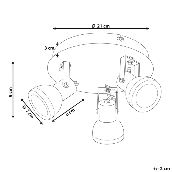 Dreiflammiger Deckenstrahler in Weiß und Schwarz mit verstellbaren Köpfen und runder Montageplatte.