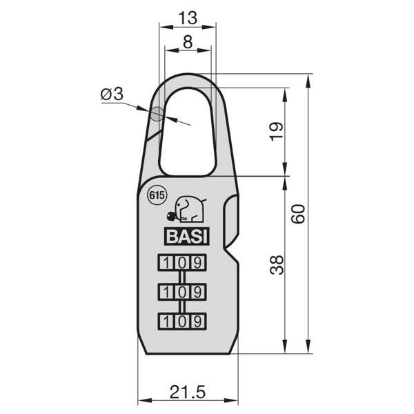 Technische Zeichnung eines Zahlenschlosses der Marke BASI mit Maßangaben