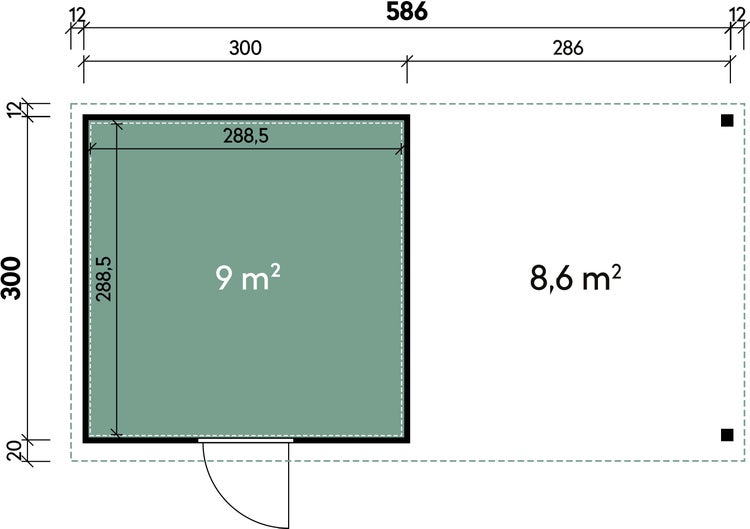Grundriss einer Gartenhauskonstruktion mit einer Innenfläche von neun Quadratmetern und einem acht Komma sechs Quadratmeter großen Vorbau.