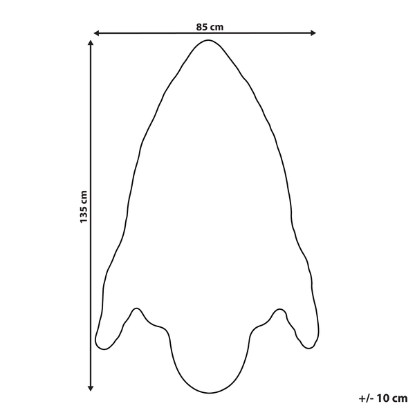 Maßzeichnung eines Schaffells mit einer Breite von 85 Zentimeter und einer Länge von 135 Zentimeter inklusive einer Toleranz von 10 Zentimeter.