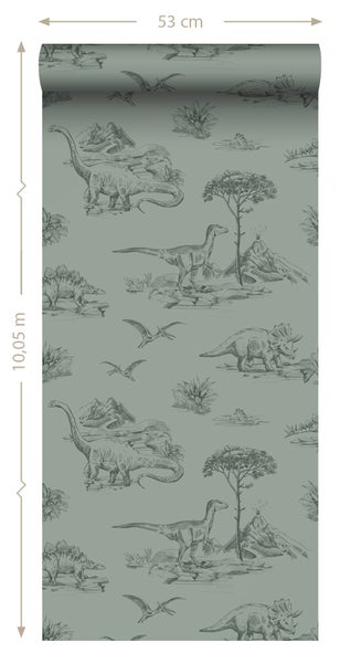 ESTAhome Tapete Dinosaurier Graugrün - 53 cm x 10.05 m - 139358